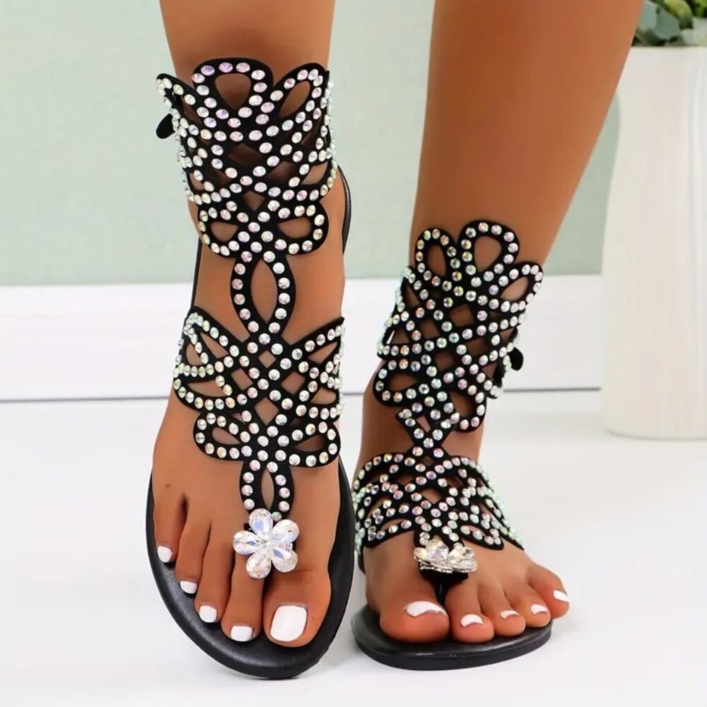 Rhinestone Flat Sandals ((Color: Multicolor)
